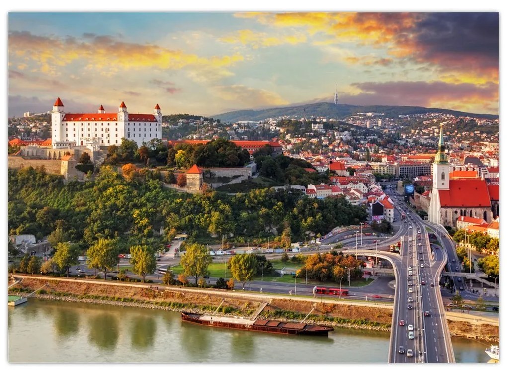 Sklenený obraz - Panorama Bratislavy, Slovensko (70x50 cm)