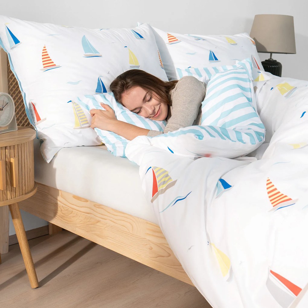 Goldea bavlnené posteľné obliečky - plachetnice s modrými prúžkami 240 x 220 a 2ks 70 x 90 cm