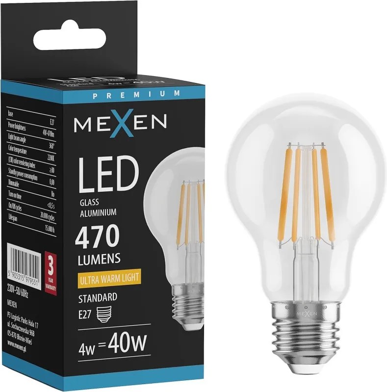 Mexen Vintis, LED filamentová žiarovka E27, A60, 4 W, teplá biela 2200K, číra, L150-E27-0422-00