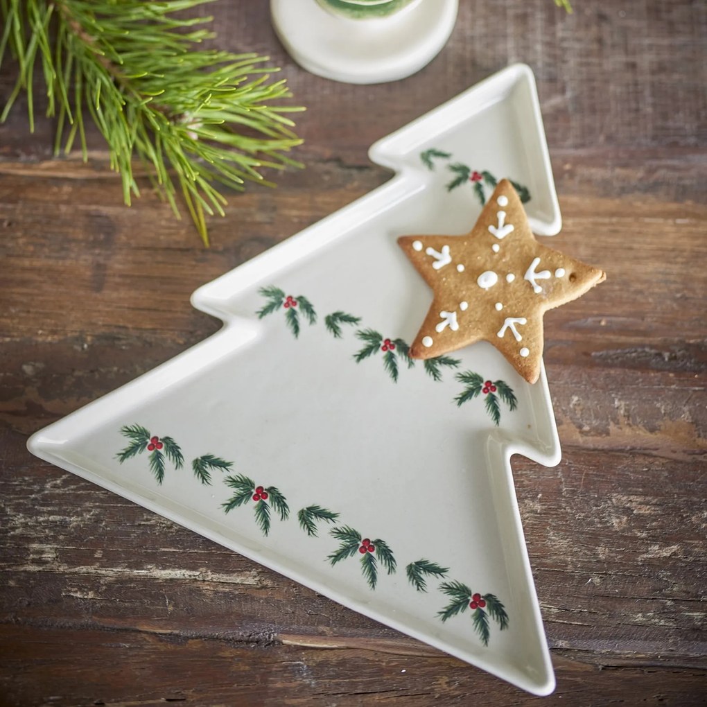 Bloomingville Krémový servírovací tanier s vianočným motívom z kameniny Berry