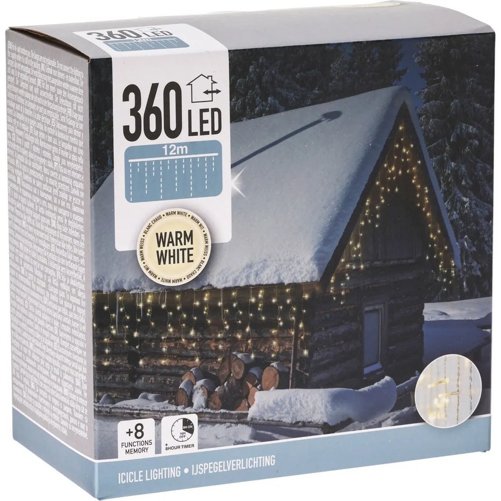 Vonkajšia reťaz Cencúle 12 m, 360 LED, teplá biela, časovač, IP44