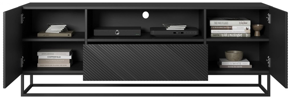 TV stolík Asha 167 cm so zásuvkou a kovovou konštrukciou - čierny mat