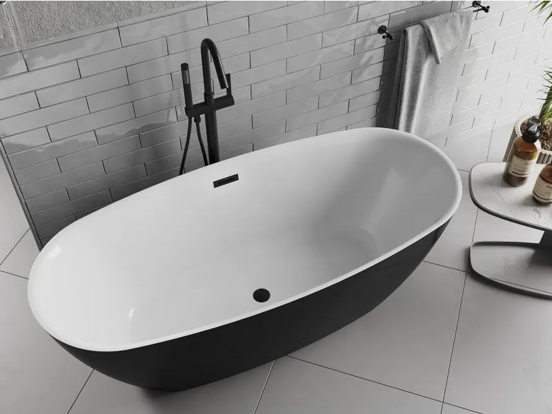 Mexen Luvo Slim, voľne stojaca vaňa 170 × 75 cm, biela-čierna, čierny prepad, 52801707575-70