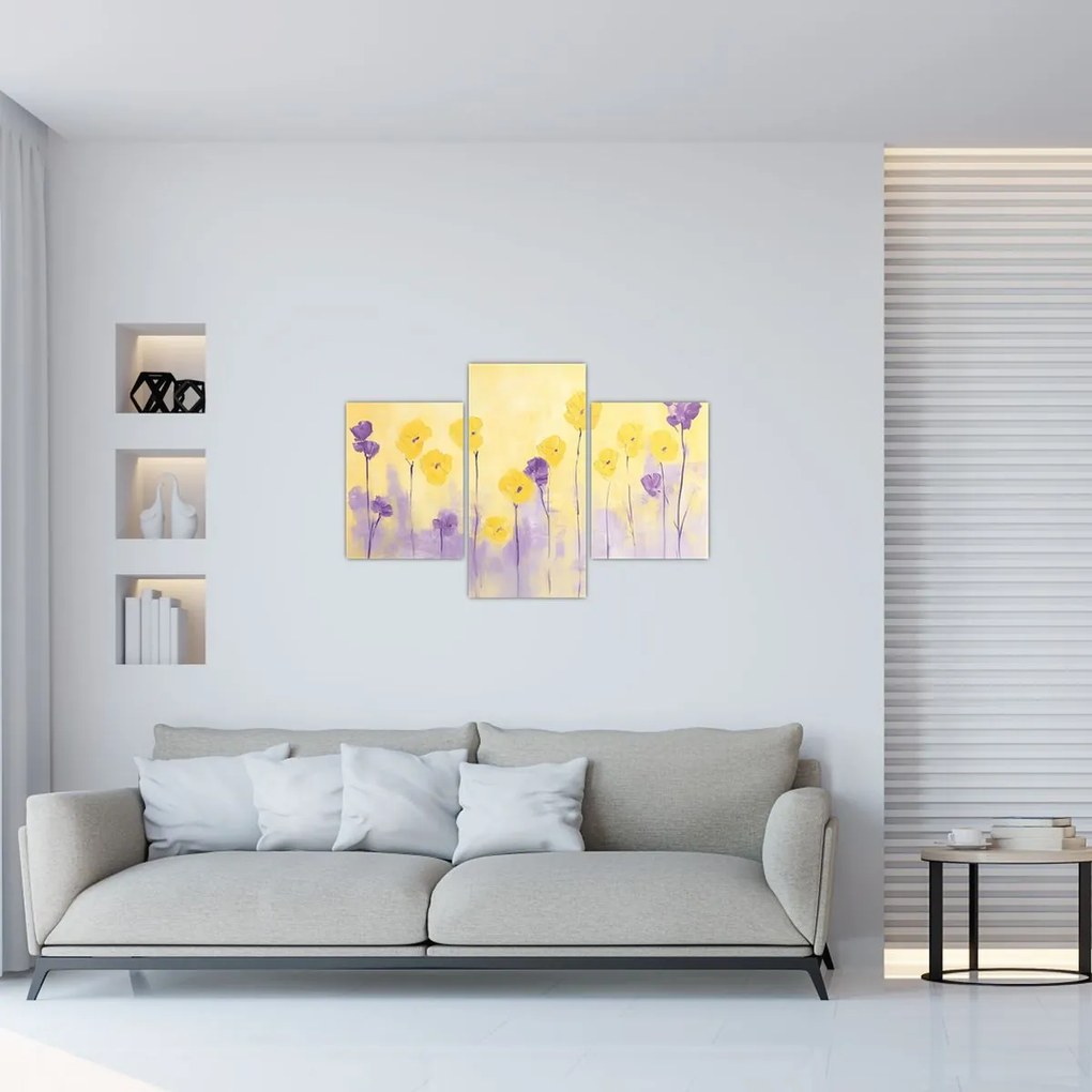 Obraz - Fialové a žlté kvietky (90x60 cm)