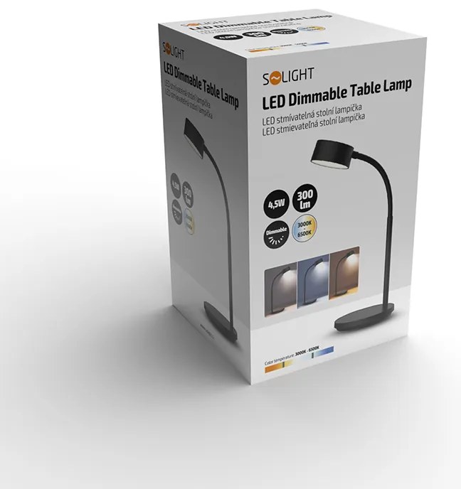 SOLIGHT LED stolná lampička, 4,5 W, 300lm, 3CCT, čierna, podstavec