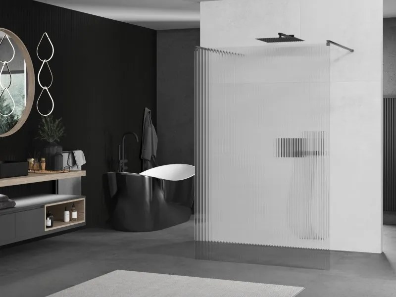 Mexen Kioto, sprchová zástena Walk-In 100 x 200 cm, 8mm sklo s rebrovým vzorom, grafitový profil, 800-100-002-66-09