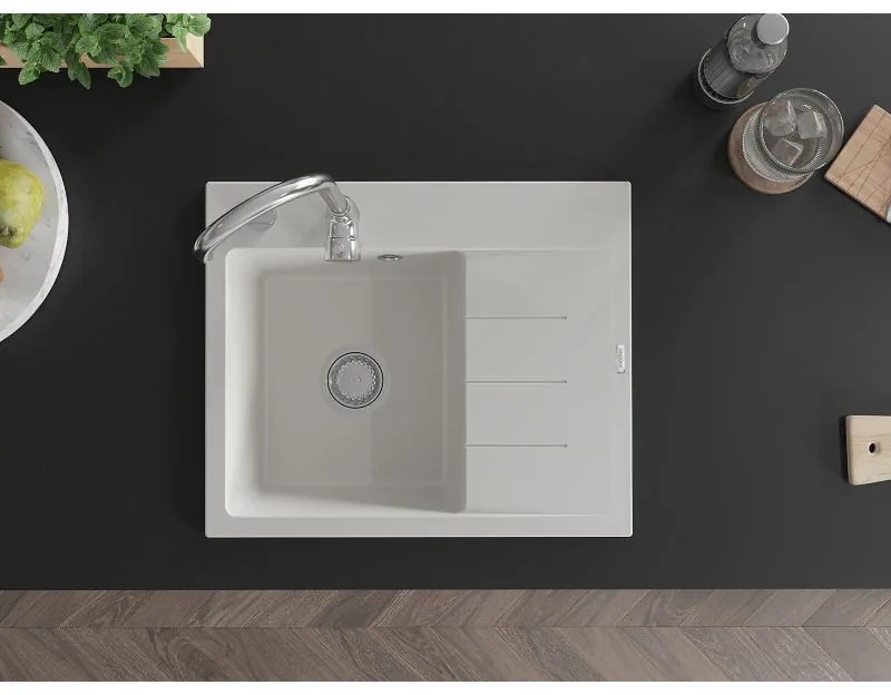 Mexen Ben, 1-komorový granitový drez 600x500x190 mm, ľavý+ chrómový sifón, biela, 6522605000-20