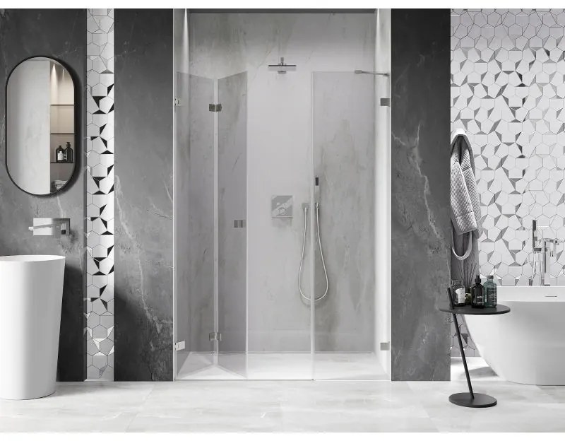 Mexen Lunar-F, skladacie ľavé sprchové dvere 125 cm, 8mm číre sklo, oceľový profil, 836S-125-050-97-00-L