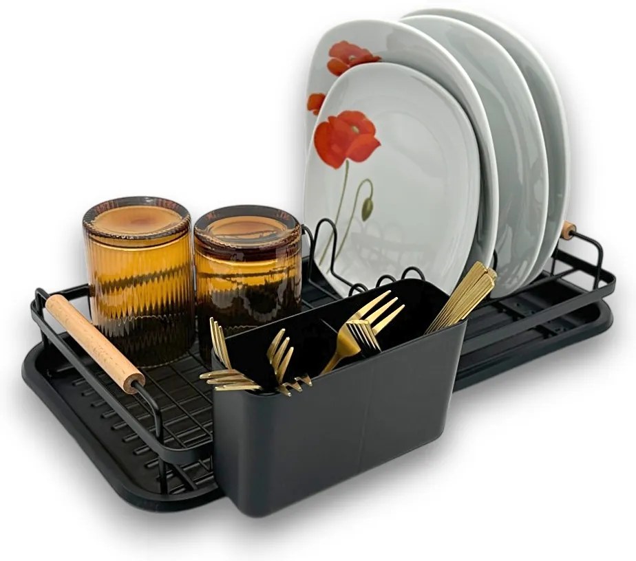 Orion Odkvapkávač na riad, čierny s drevenými rúčkami, malý, 43 x 23 cm, RADKA