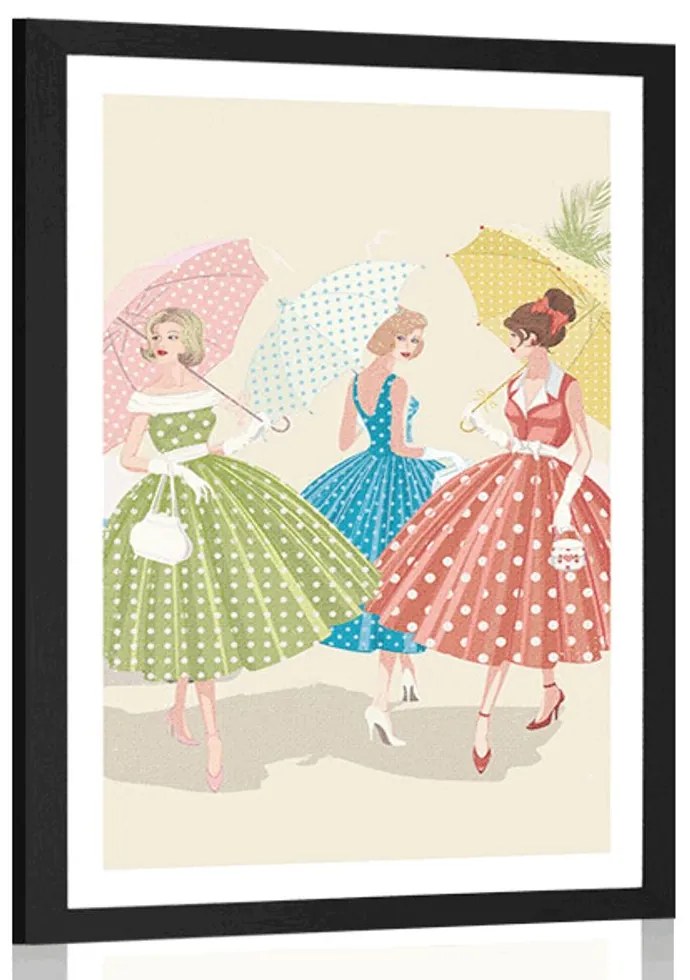 Plagát s paspartou retro dámy s dáždnikmi - 20x30 white
