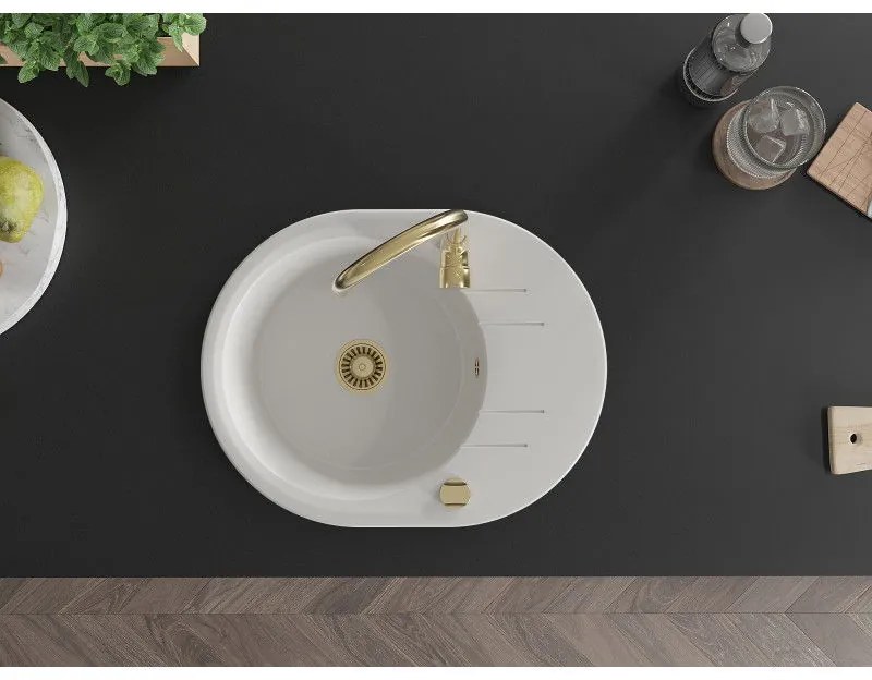 Mexen Kevin, drez granitový 586x458x190 mm, 1-komorový a zlatá batéria Telma, biela, 6517-20-670200-50