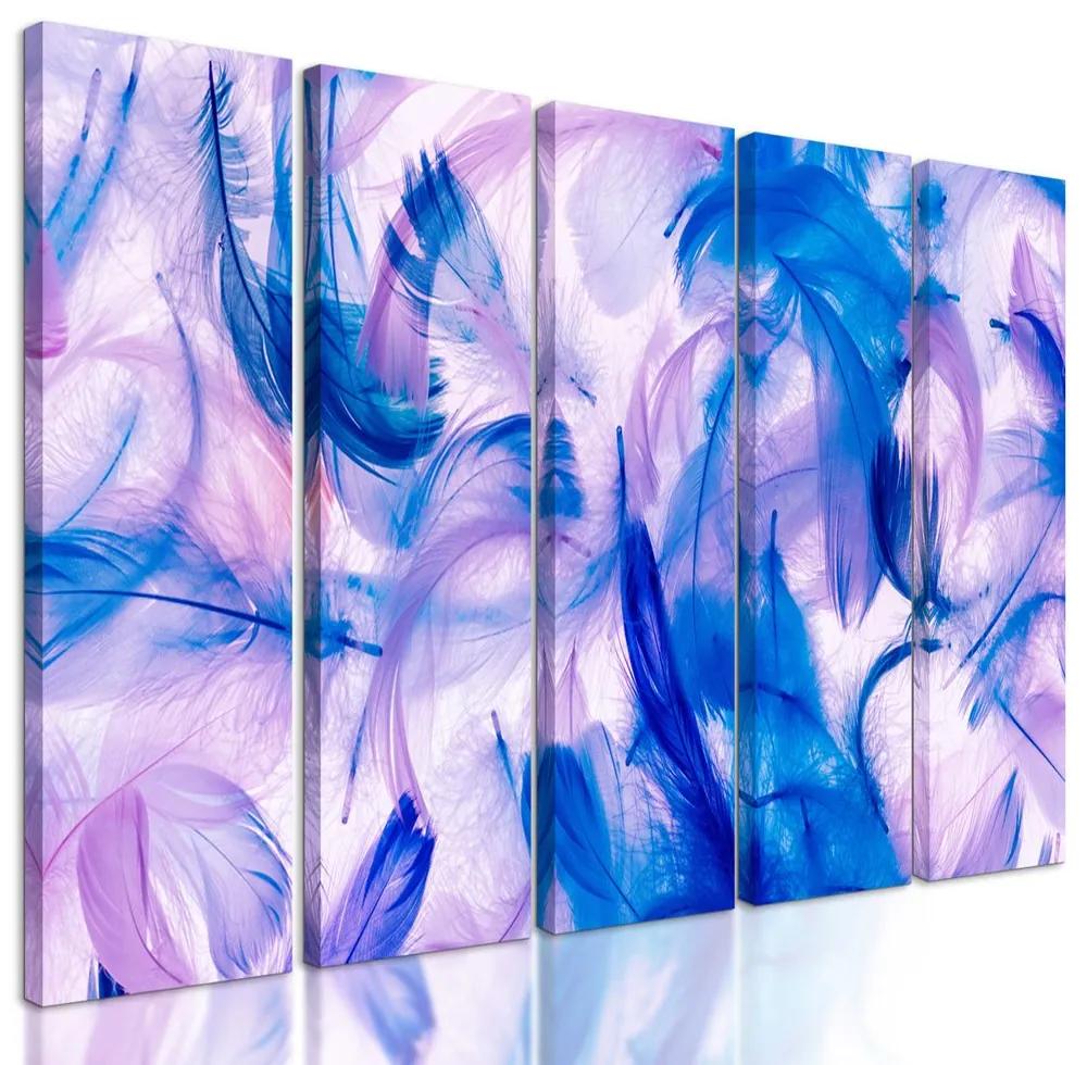 5-dielny obraz fialovo modré abstraktné pierka na bielom pozadí