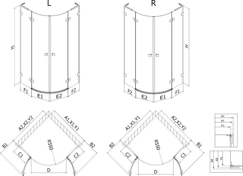 Mexen Lunar, L polkruhový sprchový kút naklápací doľava 100 x 90 cm, 8mm číre sklo, profil grafit brúsený, 833L-100L-090P-66-00