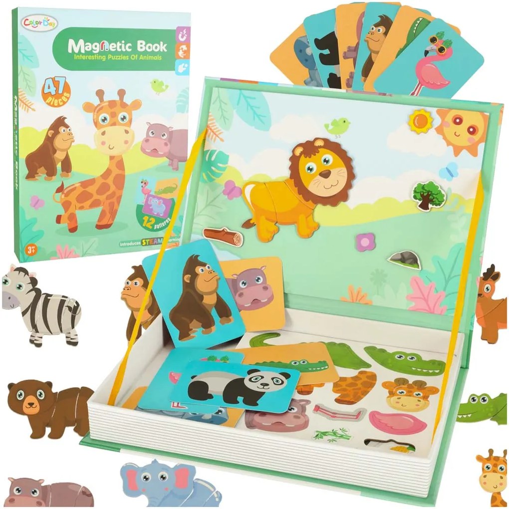 KIK Magnetická knižka s puzzle zvieratá safari, 47 dielov