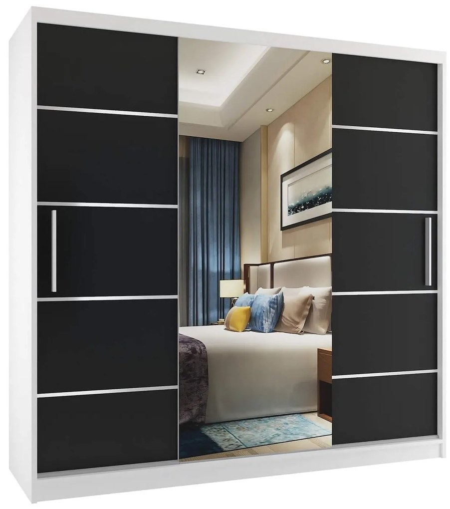 Šatníková skriňa 200 cm Belini biely mat  / čierny mat s posuvnými dverami zrkadlom a zásuvkami  MT SZP5/1/W/B/0/KLAL