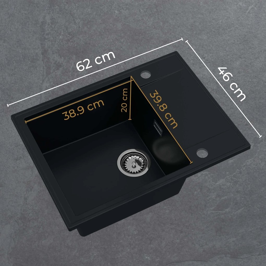 Sink Quality Sink55, kuchynský granitový drez 620x460x215 mm + zlatý sifón, grafitová, SKQ-SINK.G.1KKO.XG