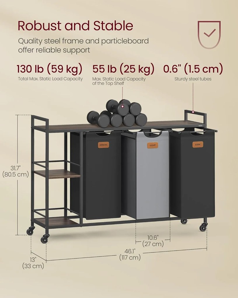 Kôš na prádlo s 3 priehradkami, 150 l, na triedenie bielizne v čiernej a šedej farbe