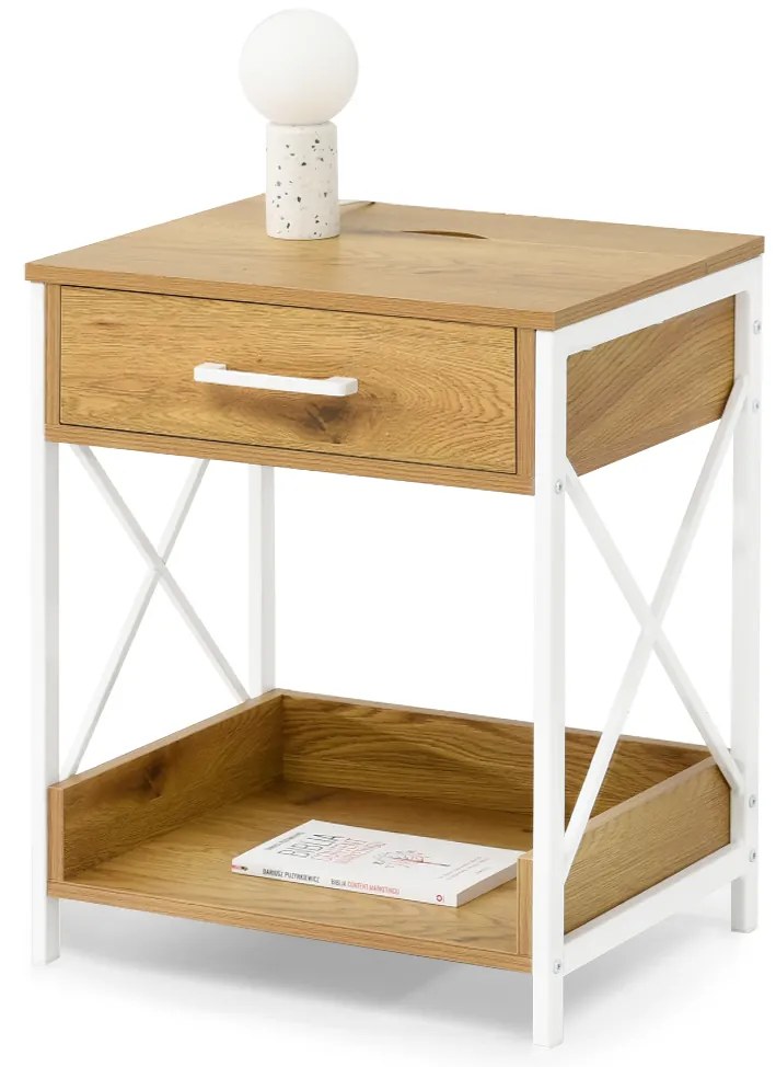 Nočný stolík Torry (dub + biela). Akcia -23%. Vlastná spoľahlivá doprava až k Vám domov. 1111722