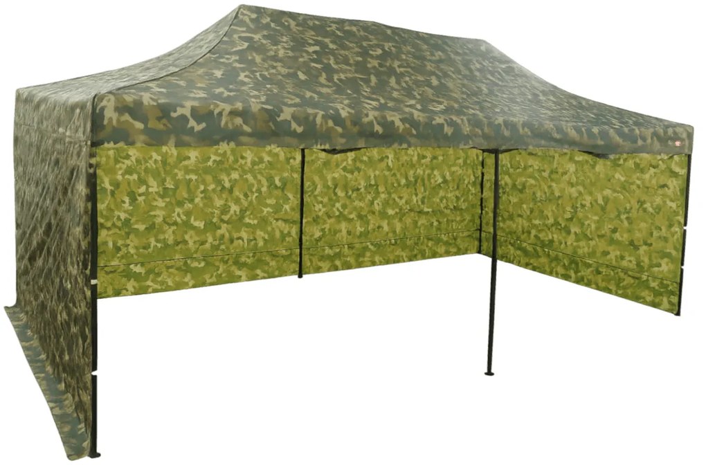 Rýchlorozkladací nožnicový stan 3x6m – oceľový, 3 bočné plachty, Maskáčová