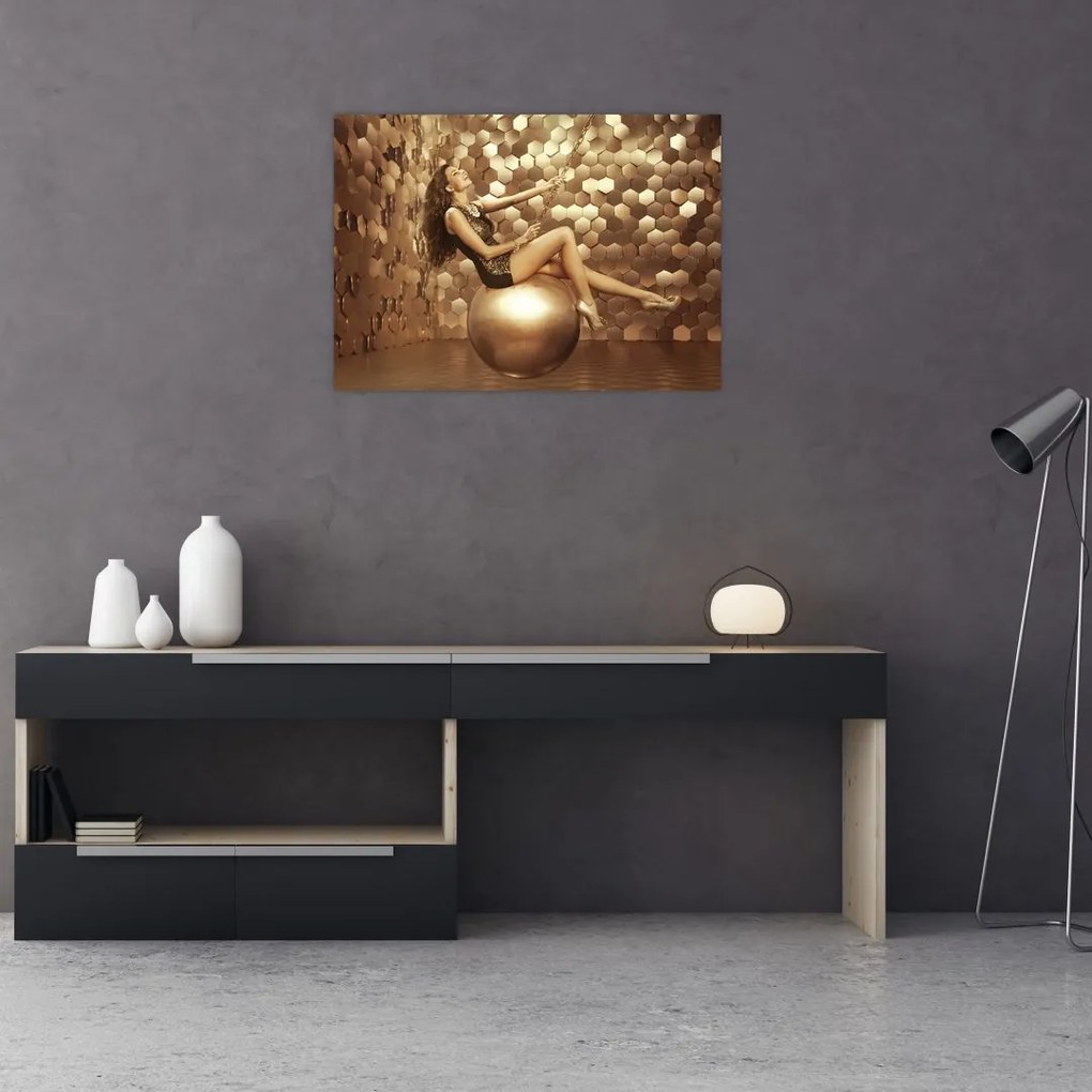 Sklenený obraz ženy v zlatej miestnosti (70x50 cm)