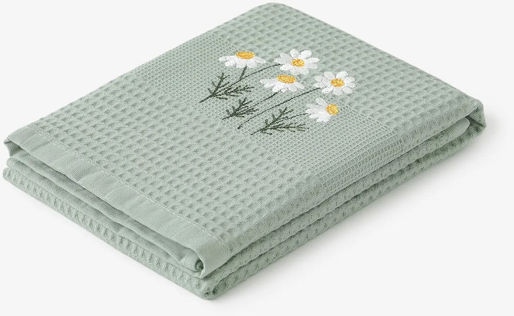 Goldea kuchynská vaflová utierka s výšivkou - harmanček na šalviovom 50 x 70 cm