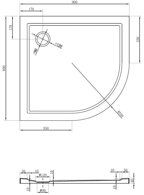 Mexen Flow, asymetrická štvrťkruhová sprchová vanička slim, ľavá 90 x 80 cm, čierna matná, 46Q708090L