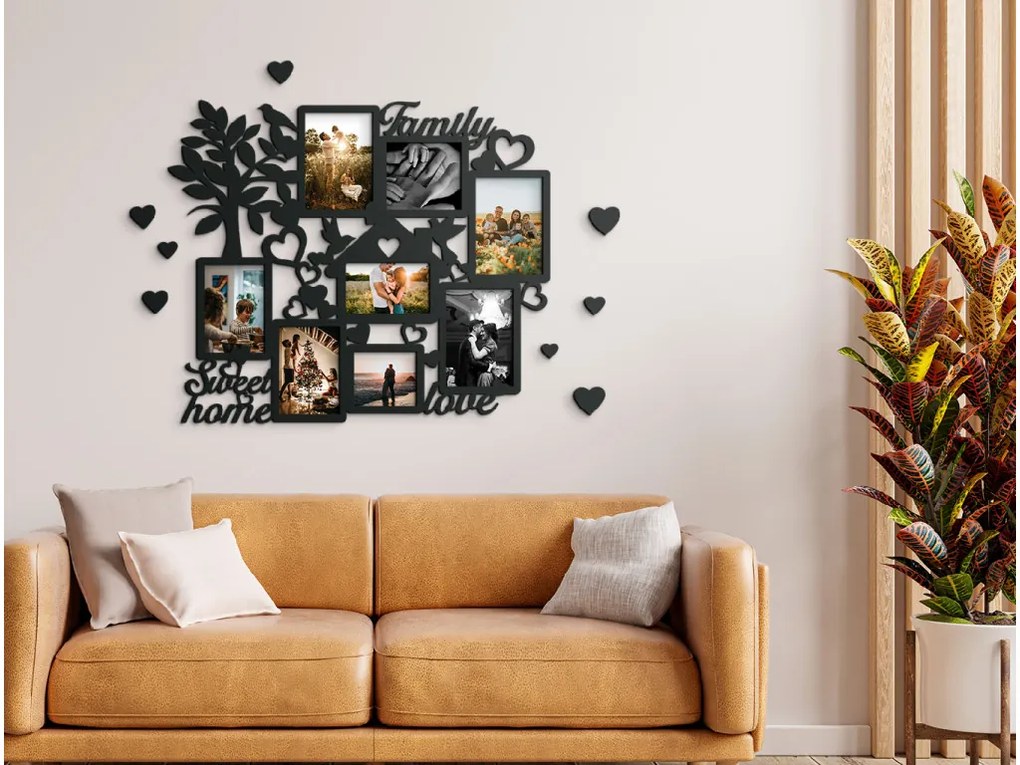 drevko Veľký rodinný fotorámik na 8 fotiek Rozmer obrazu: 46,5 x 55 cm, Farba dekorácie: Čierna