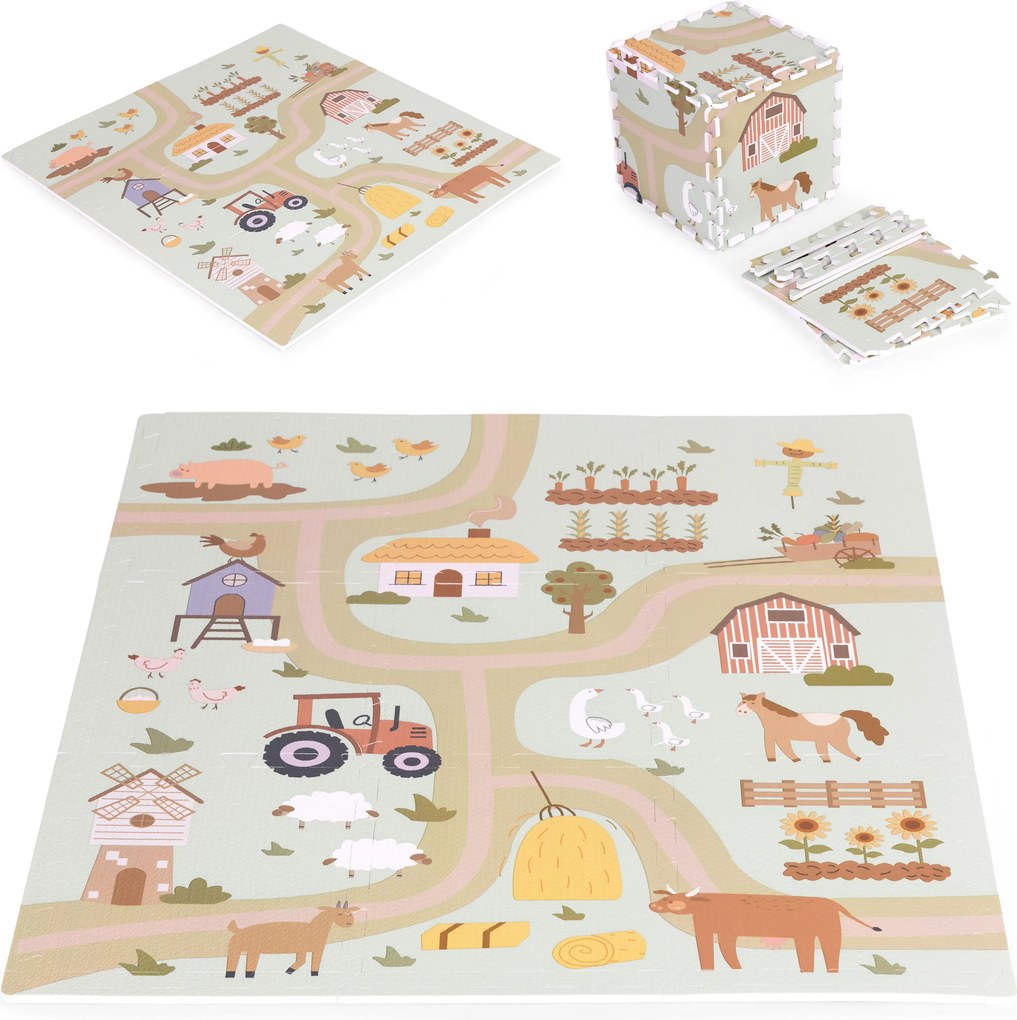 ECOTOYS Detská EVA penová podložka – puzzle Farma 90,5×90,5 cm, 21 dielov, písmená a čísla