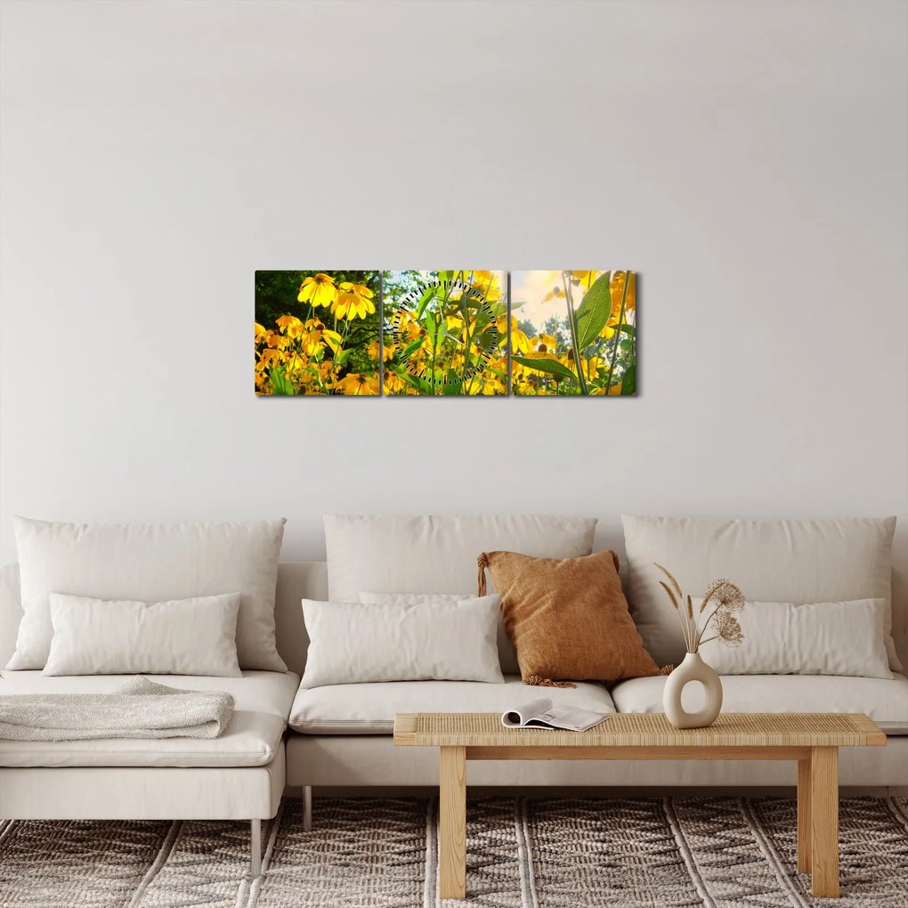 Obraz žltých kvetov (s hodinami) (90x30 cm)