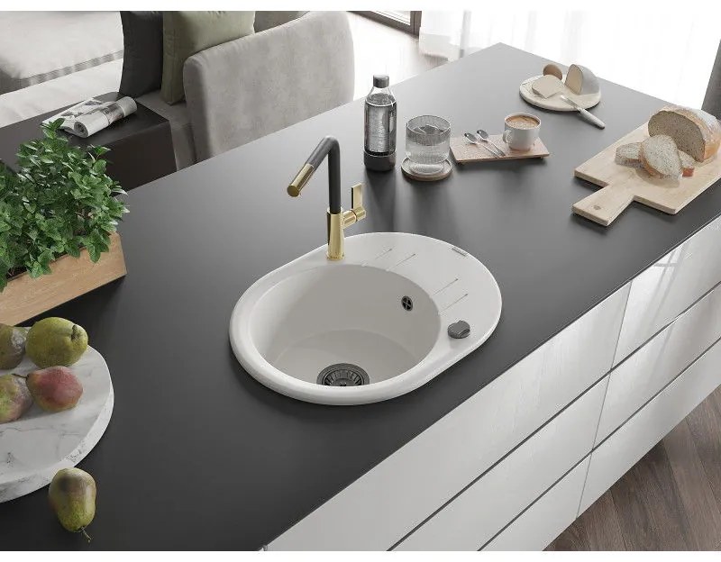 Mexen Kevin, 1-komorový granitový drez 586x458x190 mm a drezová batéria Flora, biela, 6517-20-670401-57-B