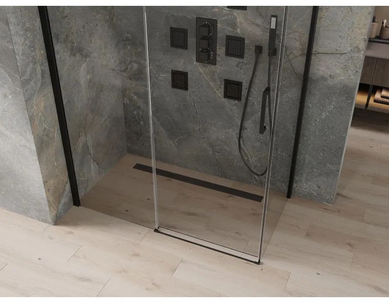 Mexen Omega, sprchovací kút s posuvnými dverami 160 (dvere) x 80 (stena) cm, 8mm sklo, čierny profil-číre sklo, 825-160-080-70-00