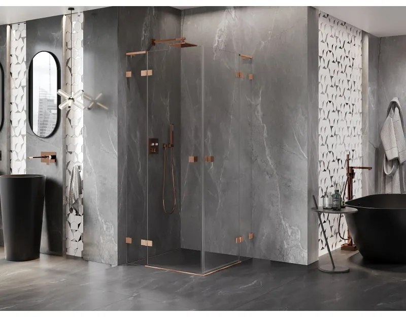 Mexen Lunar, L Duo výklopný sprchový kút 90 x 90 cm, 8mm číre sklo, profil medená matná, 834L-090L-090P-65-00