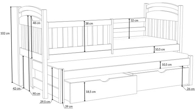 Detská posteľ z masívu borovice KAŠPAR s prístelkou a šuplíkmi - 200x90 cm - PRÍRODNÁ BOROVICA