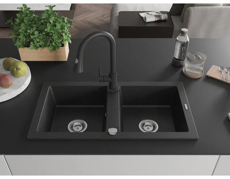 Mexen Mario, 2-komorový granitový drez 820x436x161 mm a drezová batéria Elia, čierna-strieborná metalíza, 6504-73-670101-70