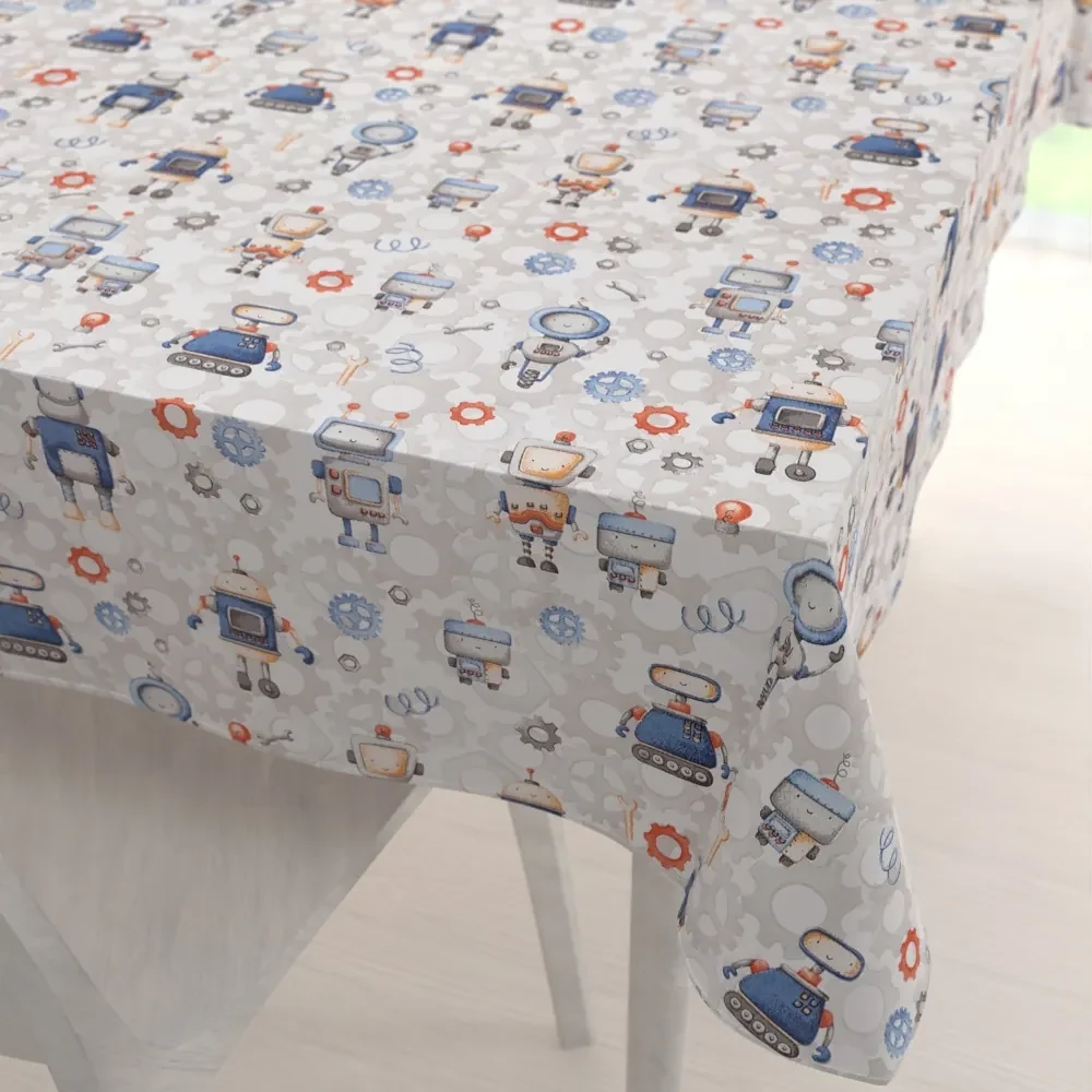 Biante Detský bavlnený obdĺžnikový obrus Sandra SA-584 Svet robotov na sivo-bielom 140x220 cm