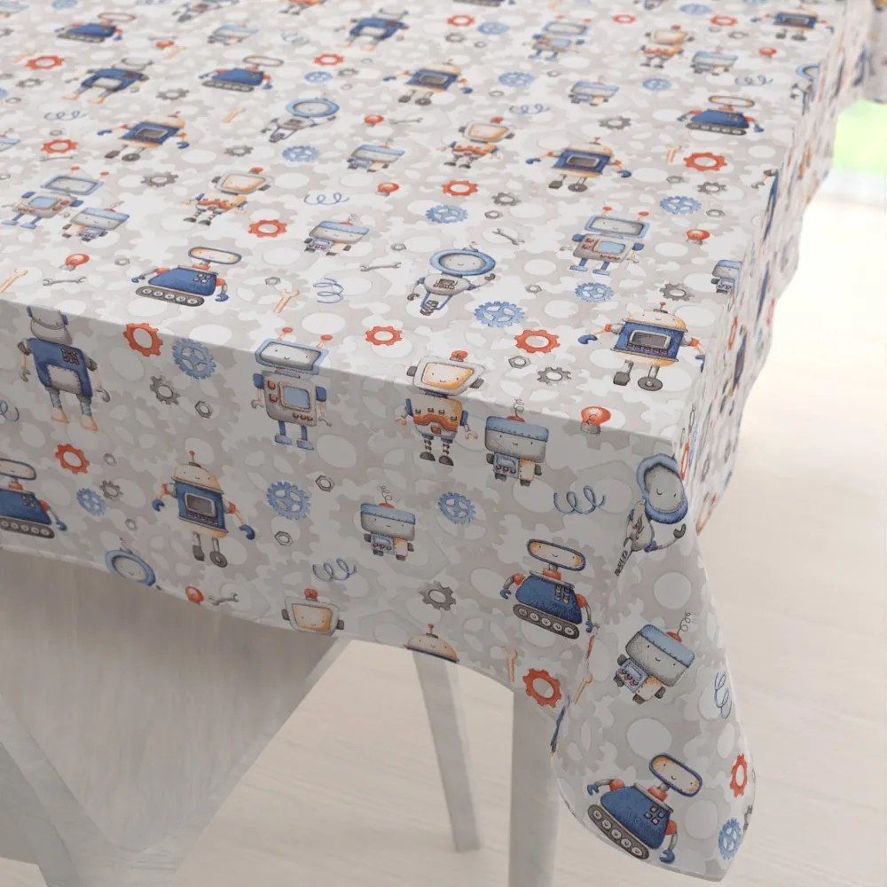 Biante Detský bavlnený obdĺžnikový obrus Sandra SA-584 Svet robotov na sivo-bielom 50x100 cm