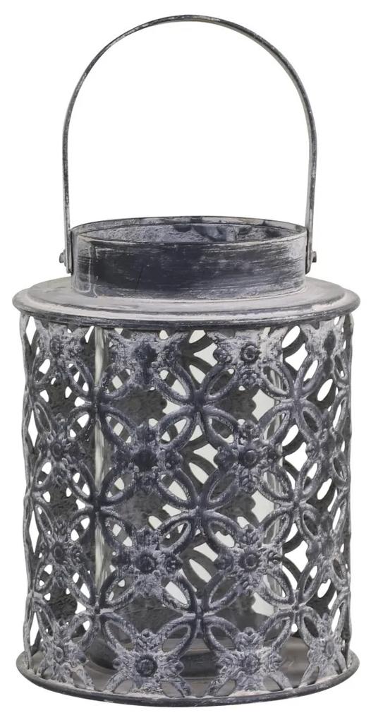 Sivá plechová antik lampáš s kvetmi Ornion - Ø14*18cm