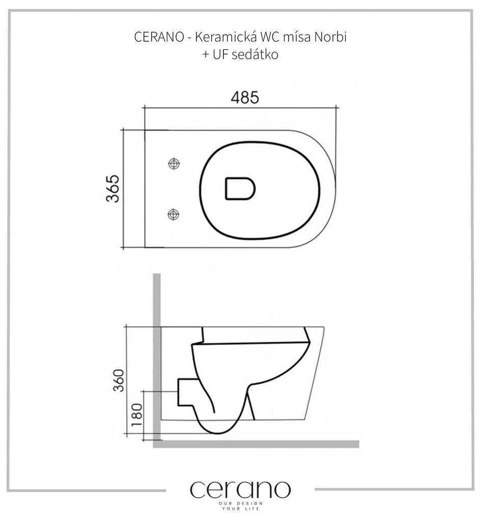 Cerano Norbi, závesná WC misa Rimless 485x365x360 mm + UF toaletné sedátko, biela lesklá, CER-CER-417380