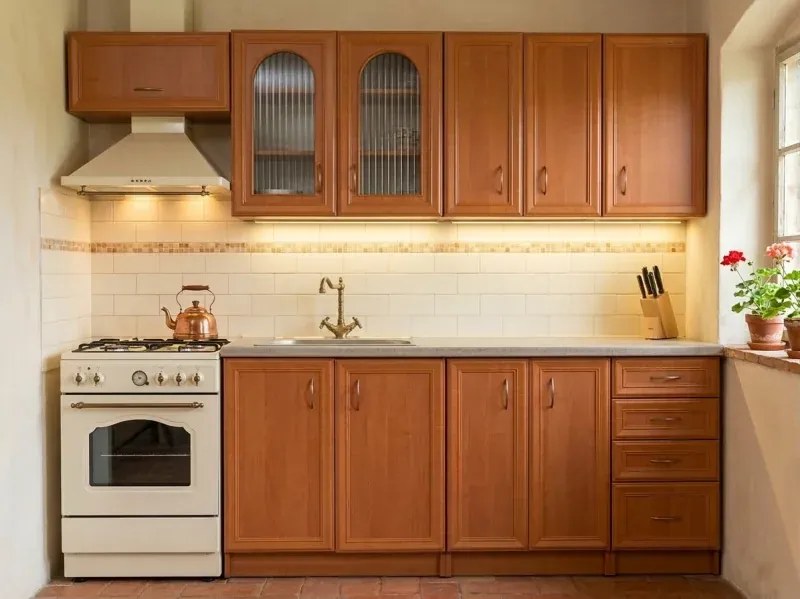 Kuchynská linka Ramiak 180/240, jelša / jelša, sklo oblúčik, u10 satyna, marmur lux