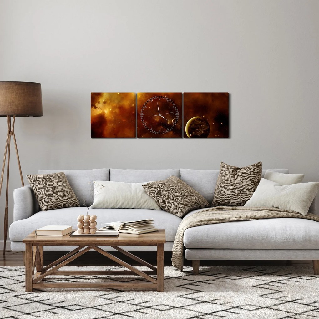 Obraz - Planéty s hmlovinou (s hodinami) (90x30 cm)