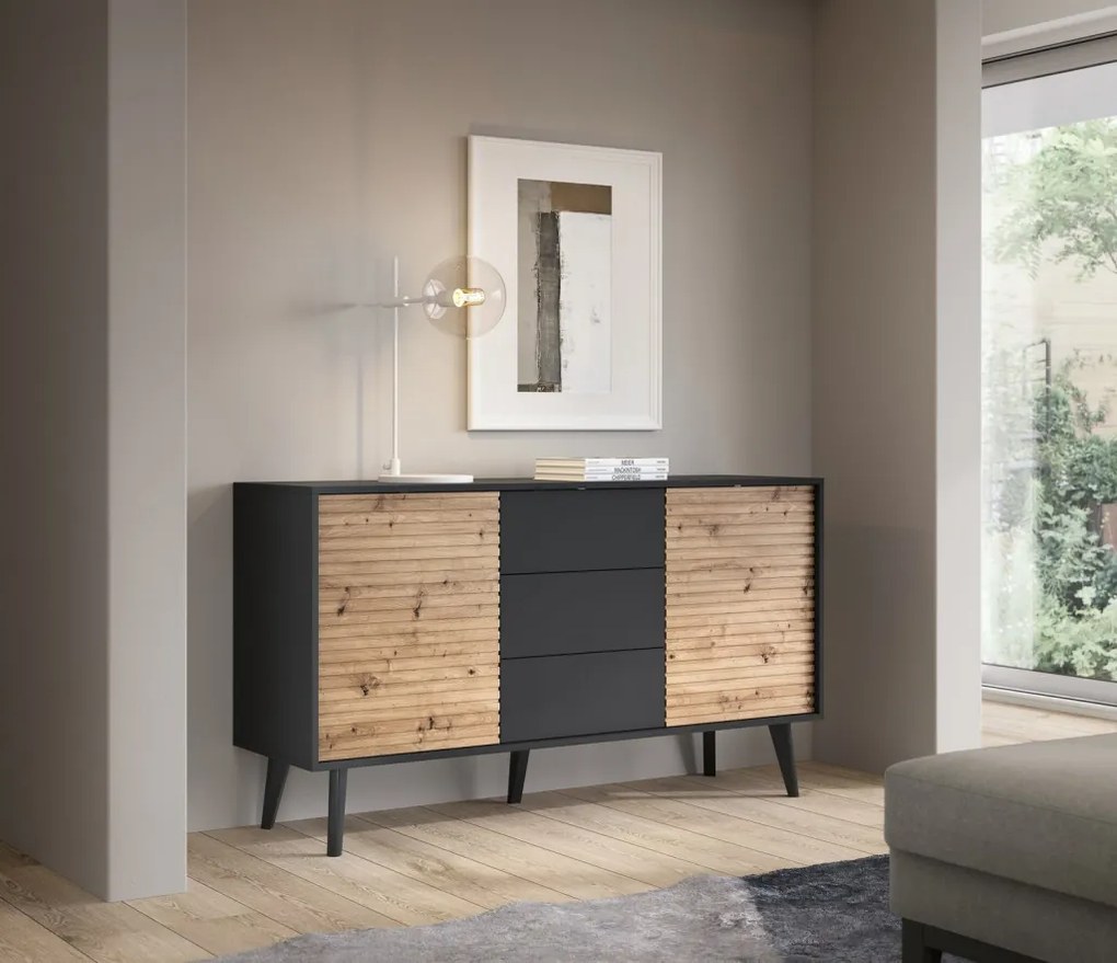 Široká komoda so zásuvkami Willow, čierna/dub artisan