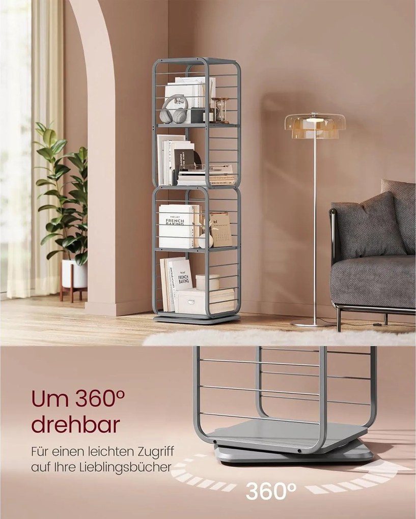 4-poschodová otočná polica na knihy, knižnica s oceľovým rámom, sivá
