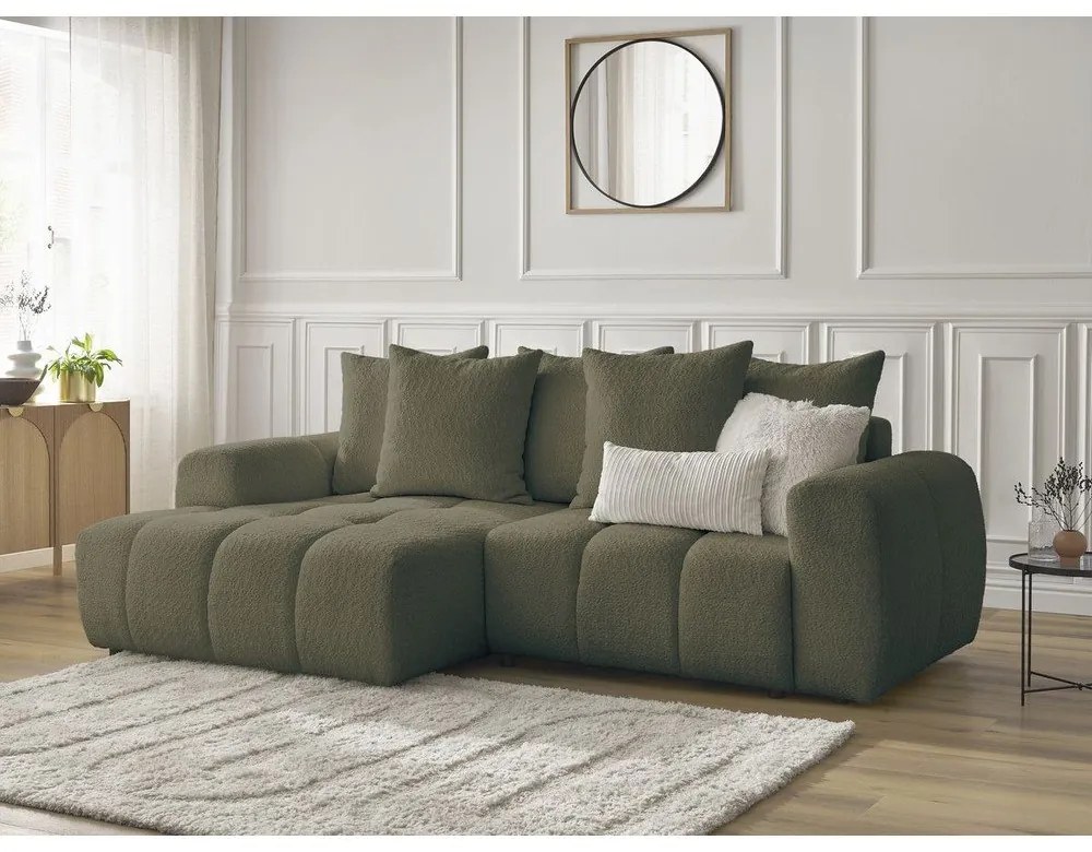 Kaki rozkladacia/s úložným priestorom rohová pohovka z textílie buklé (ľavý roh/s leňoškou) Roxelane – Bobochic Paris