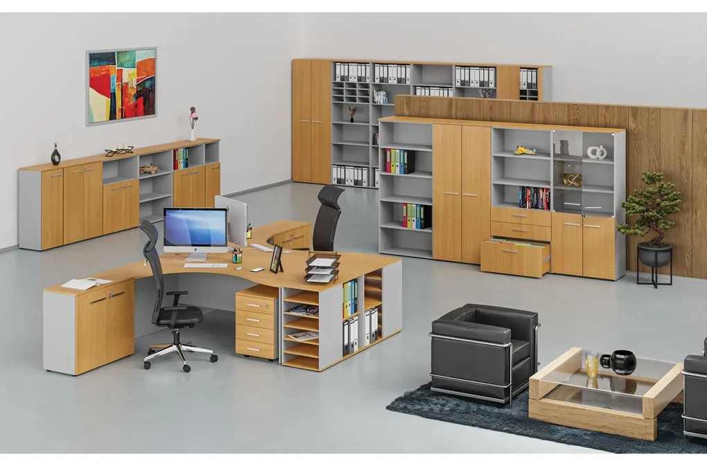 Ergonomický kancelársky pracovný stôl PRIMO GRAY, 1800 x 1200 mm, ľavý, sivá/buk