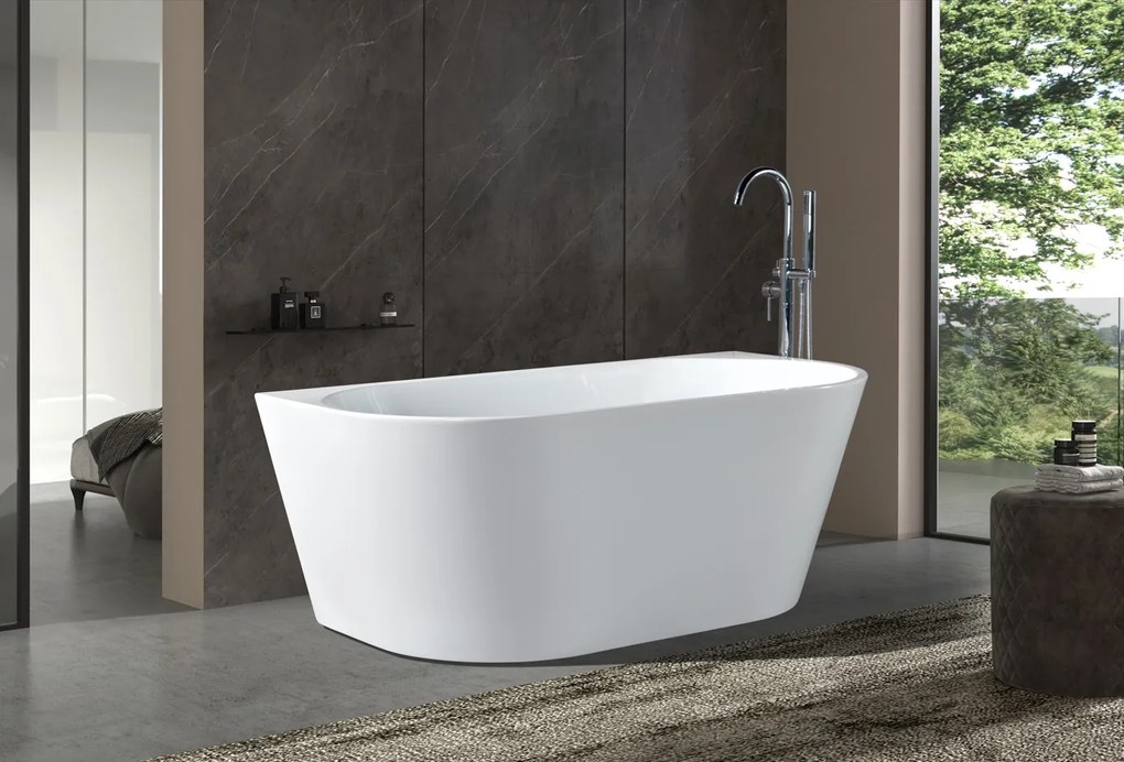 Erga Norah, voľne stojaca vaňa ku stene 150x70 cm + odtoková zátka, biela lesklá, ERG-NORAH-150070-WH-WH
