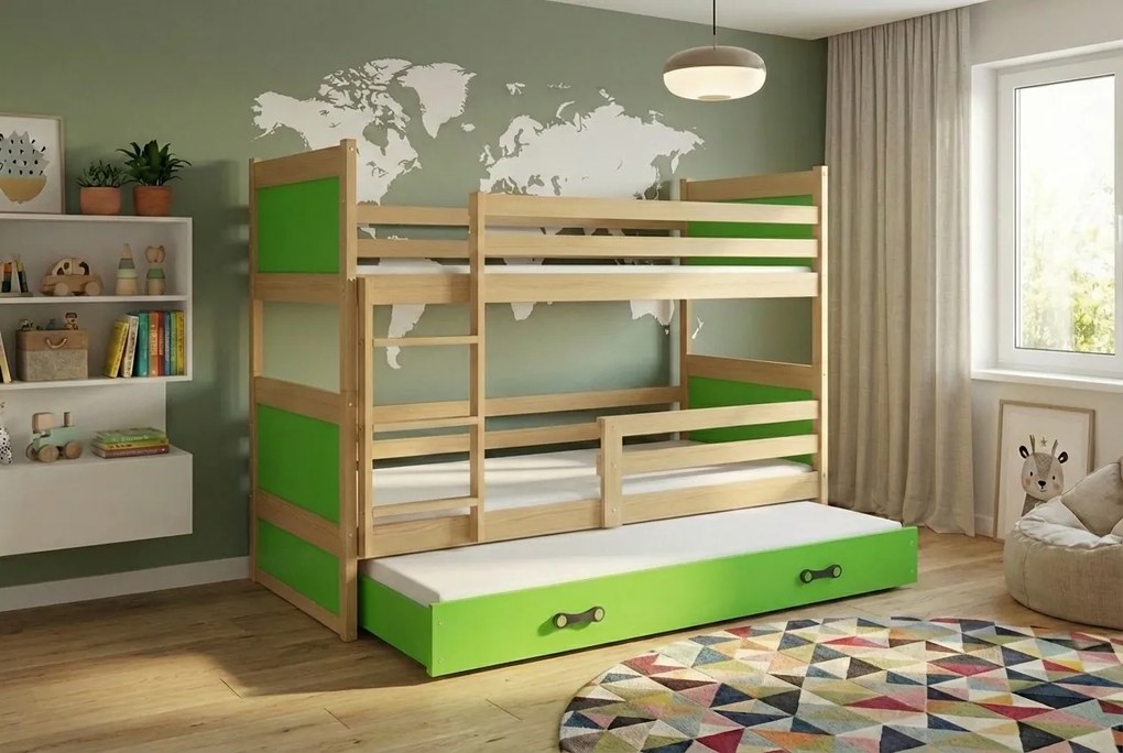 Poschodová posteľ s prístelkou RICO 3 190x90 Borovica - Zelená