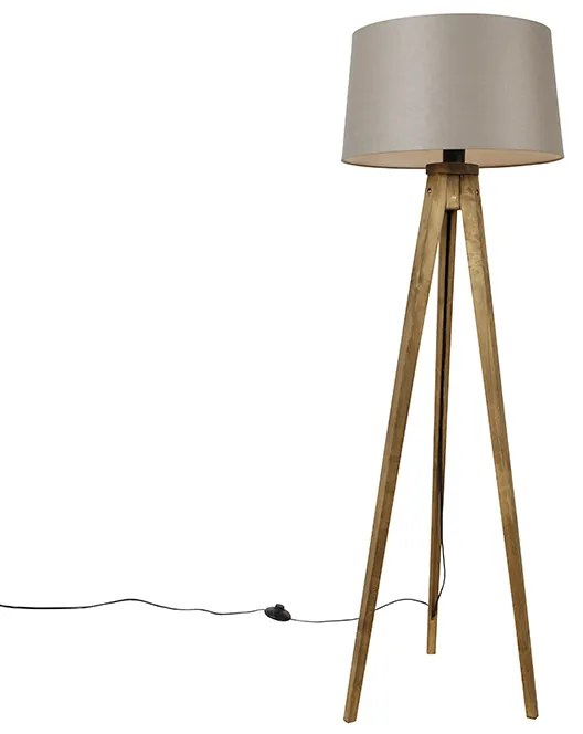 Rustikálny trojnohý stojaca lampa vintage drevo s ľanovým tienidlom taupe 45 cm - Tripod Classic