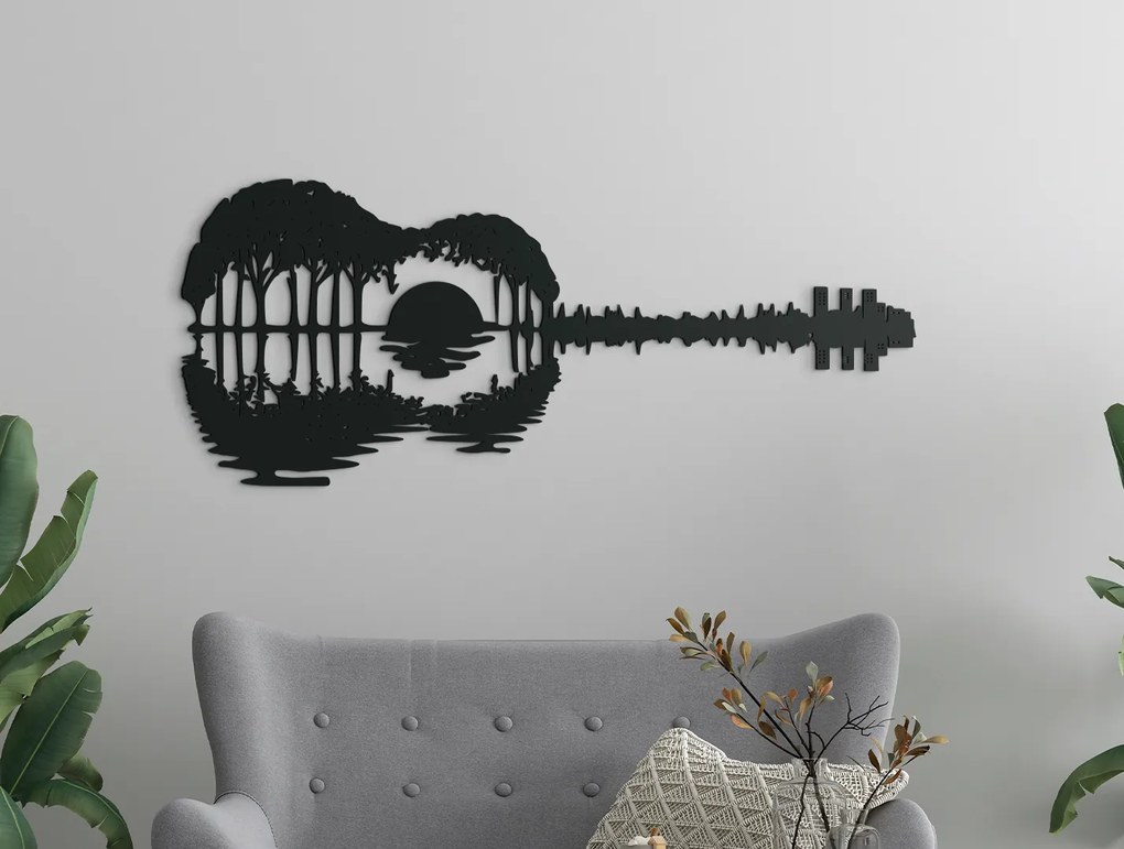 drevko Drevená nálepka na stenu Gitara Rozmer obrazu: 27 x 65 cm, Farba dekorácie: Čierna