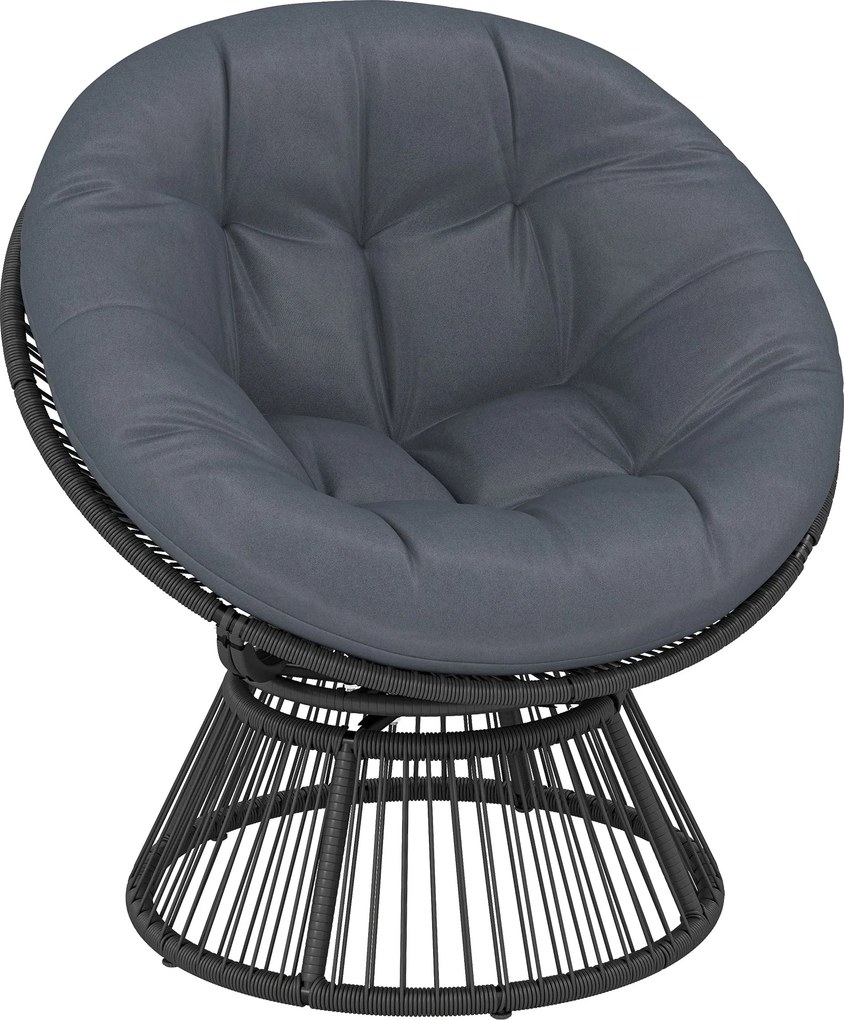 Outsunny papasan s 360° otáčaním — okrúhle polyratanové ležadlo s vankúšom, oceľový rám — sivé | Aosom