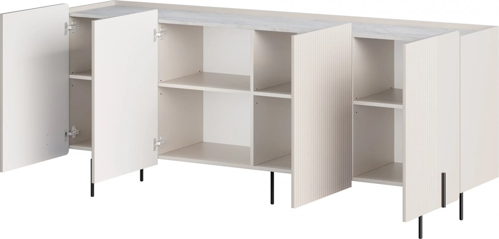 Komoda Malmi 200 cm štvordverová - kašmír / crema bianca / čierne nožičky
